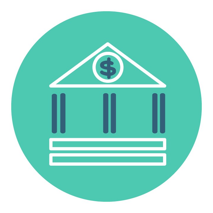 Teal circle with an illustration of a bank, financial institution, financial services